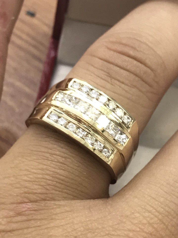14k Solid Yellow gold men's diamond ring Vs quality 3 rows Channel set