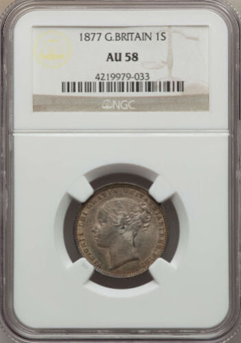 G.B./ENGLAND VICTORIA 1877 SHILLING ALMOST UNCIRCULATED COIN, NGC CERTIFIED AU58 - Picture 1 of 4