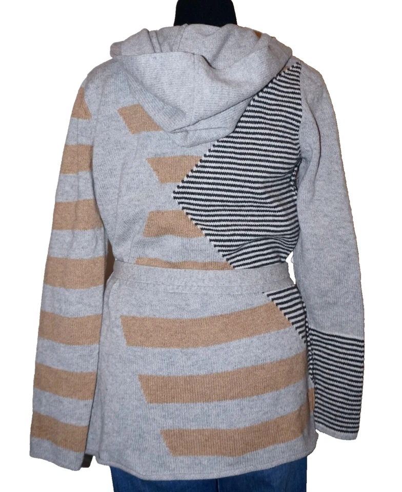 Cárdigan Suéter SPARROW Gris y Tostado 100% Lana de Cordero Tejido con Cinturón MEDIANO Foto 2 de 4