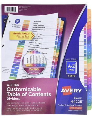 3 Sets Avery Ready A-Z Tab Binder Dividers, Table of Contents, Color Tabs