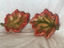 2 Vintage Mid Modern Pottery Ashtrays decor dish Vibrant Orange Red Green- B