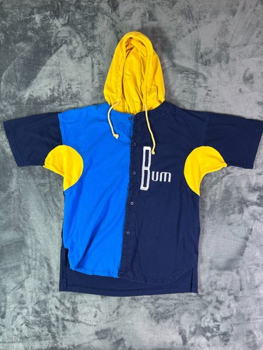 Vintage 90's BUM Equipment Colorblock Hoodie Shirt Men’s L Blue Yellow Button-Up