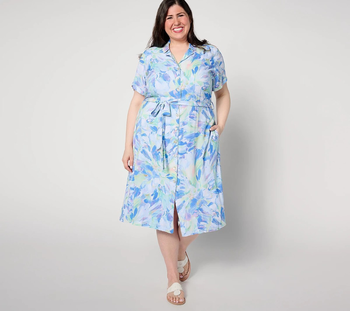 Side Stitch Short-Sleeve Button-Front Midi Dress Aqua Bloom Size M A640076