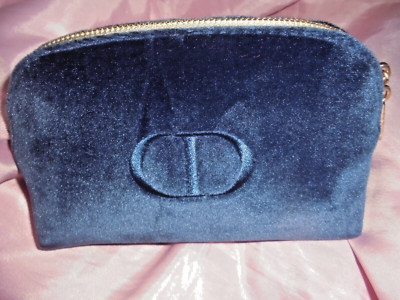 DIOR Kosmetiktasche Samt BLAU mit goldenem Logo und Reißverschluss NEU