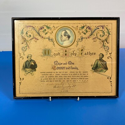 Päpstliche Urkunde 25 x 35 cm verglaster Rahmen Familie Conner 1953 Papst Pius XII