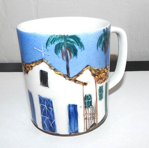 Vintage Ester Embu Handpainted Ceramic Coffee Mug Brazilian Church Signed 1998