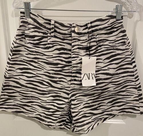 Pantaloncini mamma in denim a vita alta Zara nuovi con etichette stampa con animali zebra taglia 8 - Foto 1 di 3