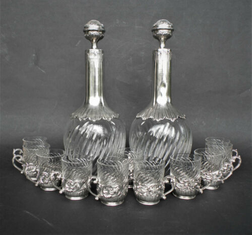 liquor service carafe solid silver cup minerve crystal 19th century bachelet  - Picture 1 of 12
