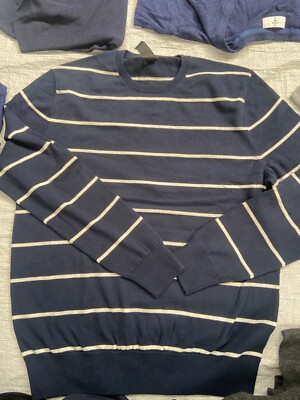 Essentials Herren Strickjacke Rundhals dunkelblau gestreift - Größe L