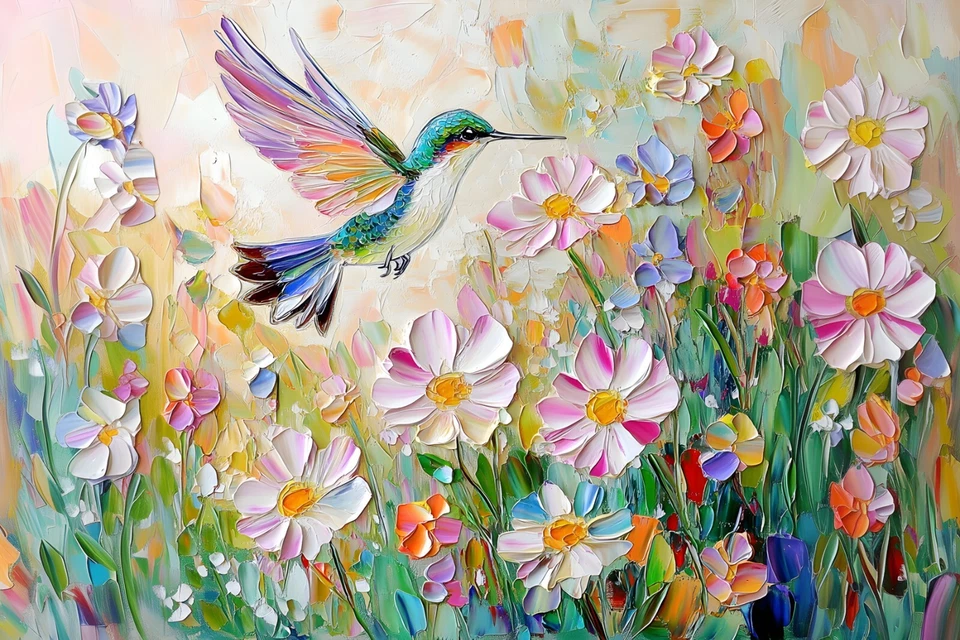 Bonita impresión de pintura sobre lienzo de arte de pared de colibrí y flores silvestres de primavera Foto 3 de 4