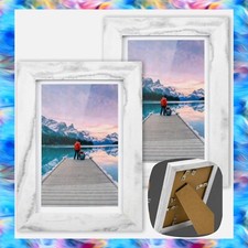 4x6 White Picture Frames- Marble Look - 2 Pack - Stand Up or Hang - Glass Front