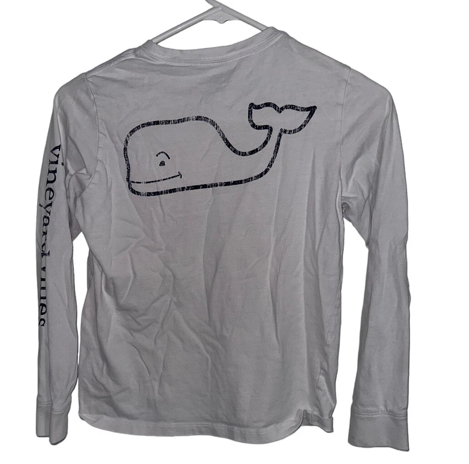Vineyard Vines Girls Long Sleeve Pocket Tee Whale Sz S White - Image 2 of 4