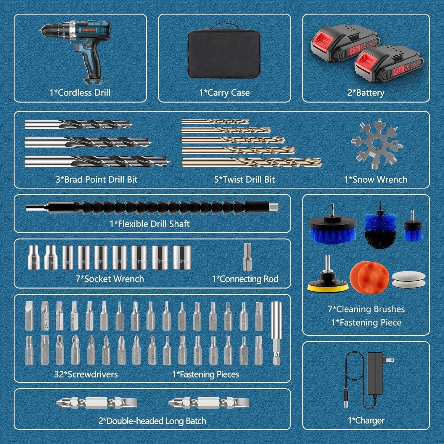 Trapano Avvitatore a Batteria 21V 3 in 1 Set Accessori da 61 Pezzi 2 Batterie & foto 6