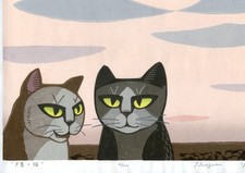 1972 Tomoo Inagaki Signed Orig JAPANESE Huge Woodblock Print - Cats in Sunset