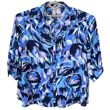 Catherines Abstract Floral 3/4 Tie Sleeve Button Up Blouse Top Women's 3X Boho