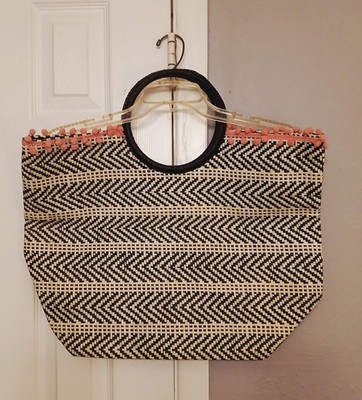 NWOT Anthropologie Shiraleah Black &White Woven Straw Beach/Tote Bag w/Pom Poms