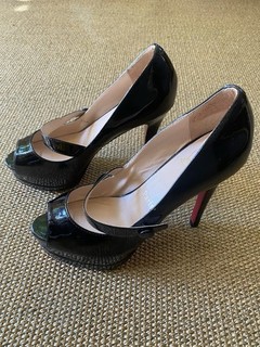 Christian Louboutin Black Patent Peep Toe Mary Jane Heels Red Sole size38 (7.5)