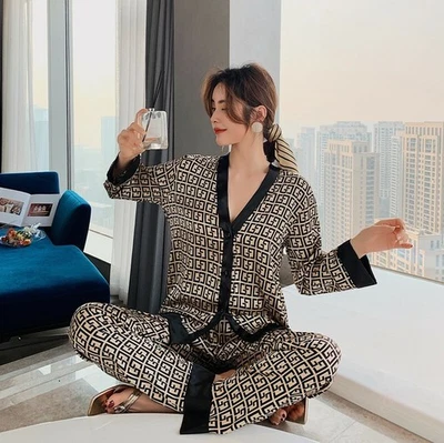 Women's Pajamas Set Silk Satin Long Sleeve Sleepwear Print Button Up Loungewear - Image 1 of 4