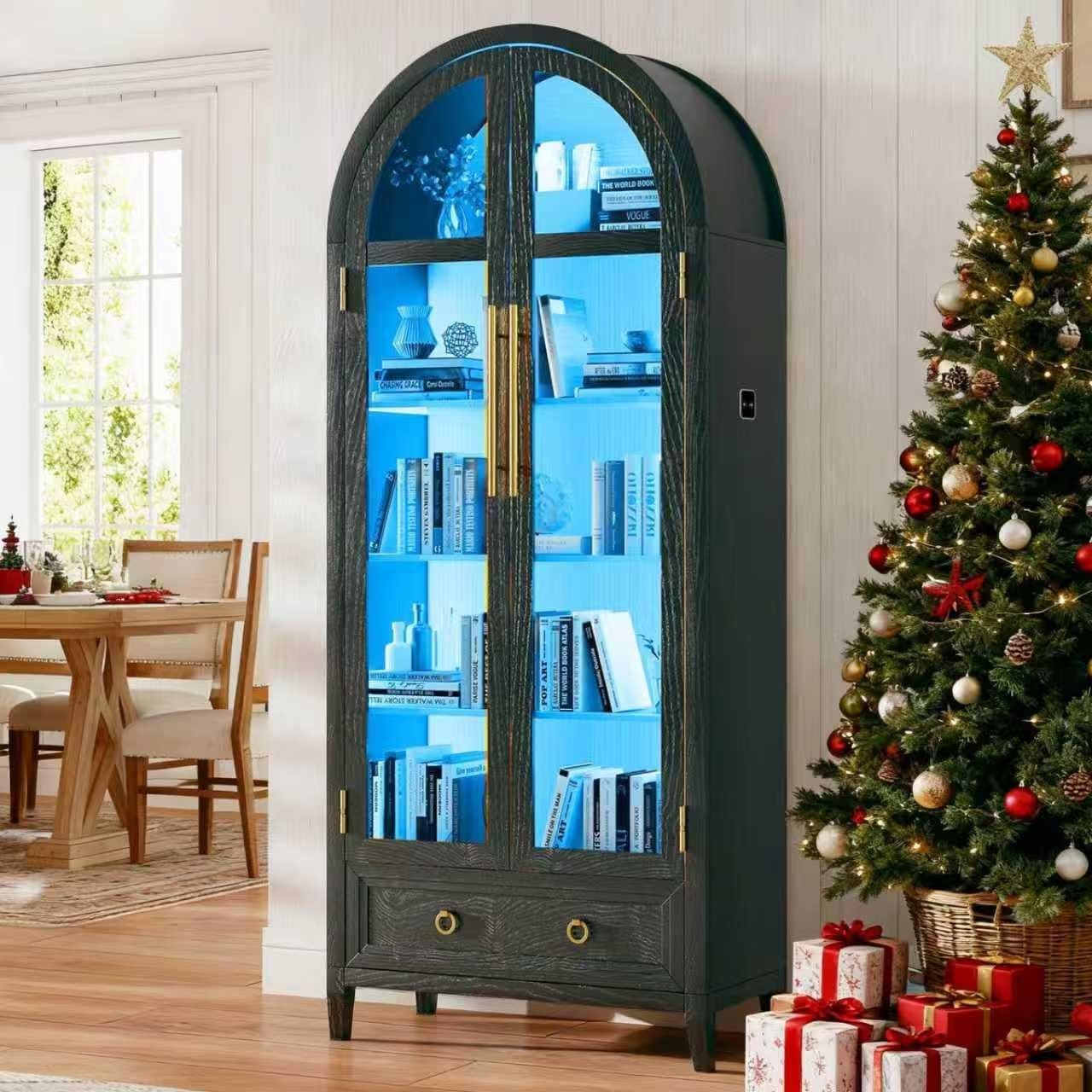 Gurexl Arch Display Cabinet with Glass Doors,5-Tier Curio Cabinet with LED Light