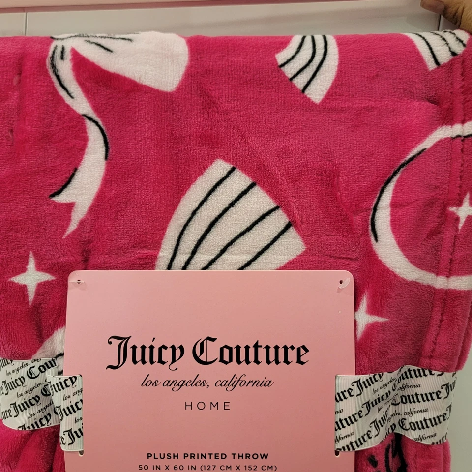 NEW Juicy Couture All Bows Black White Print Hot Pink Velvet Soft Throw Blanket - Image 3 of 4