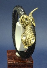 Vintage D L Auld 1970s Black Enamel Snake Bracelet Crystal Goldtone Jewellery
