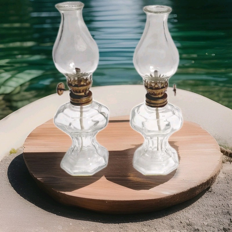 Glass Oil Lamp 7" Tall Small Lantern Vintage VTG With Wick Set Of 2
