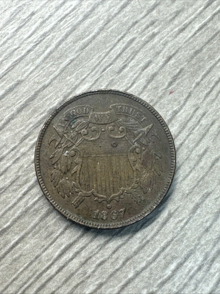 United States 1867 Two Cent Piece 2C Ungraded Circulated US Copper Coin USA JD - Image 3 of 4