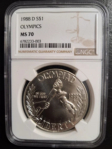 1988 D OLYMPICS TORCHES COMMEMORATIVE SILVER DOLLAR NGC MS70 BROWN LABEL 