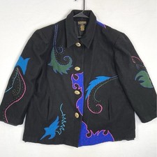 Vintage Allure Coat Black Wool Jacket 2XL Colorful Applique Artsy 80s 90s Boho