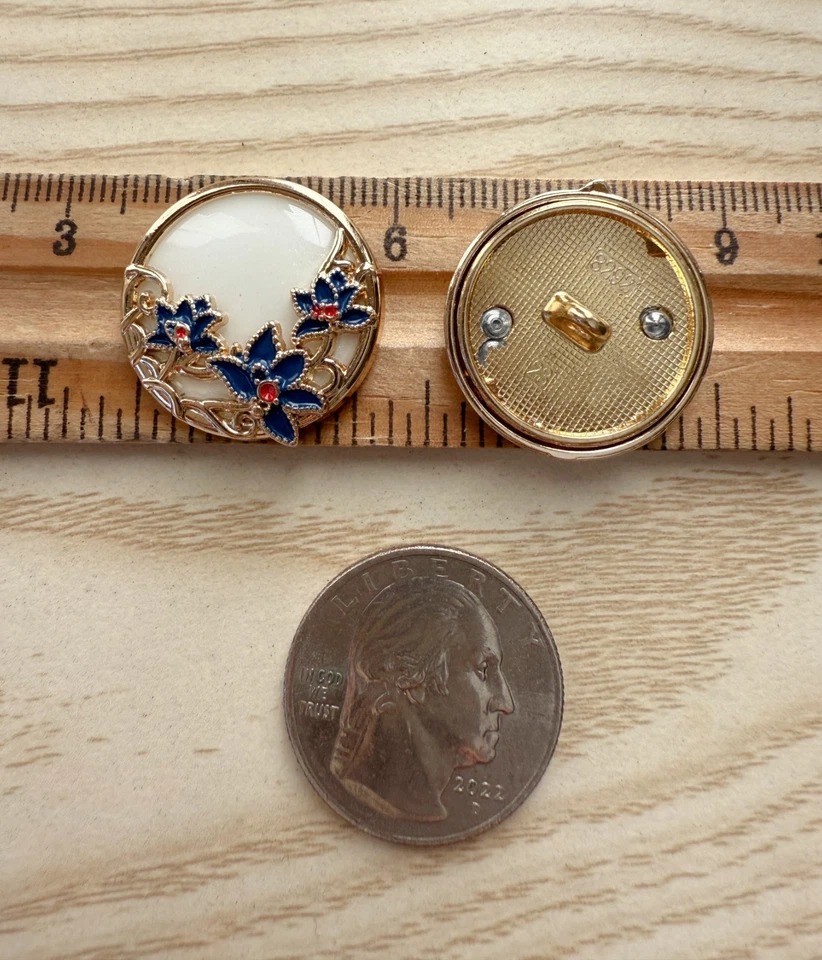6PC Blue Flower White Enamel Gold Shank Metal Buttons 23mm - Image 3 of 3