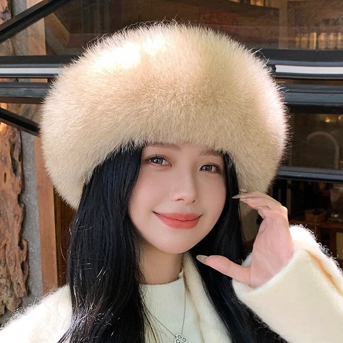 Women's Real Mink Fur Hat Bucket Hat Bowler Hat Warm Cap W Fox Fur Outdoor - Picture 10 of 44