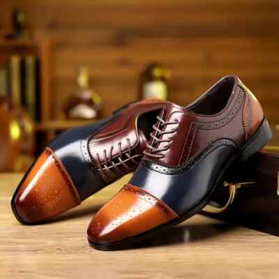 New Oxford Leather Two Tone Blue Burgandy Wingtip Brogue Dress Shoes For Men 11