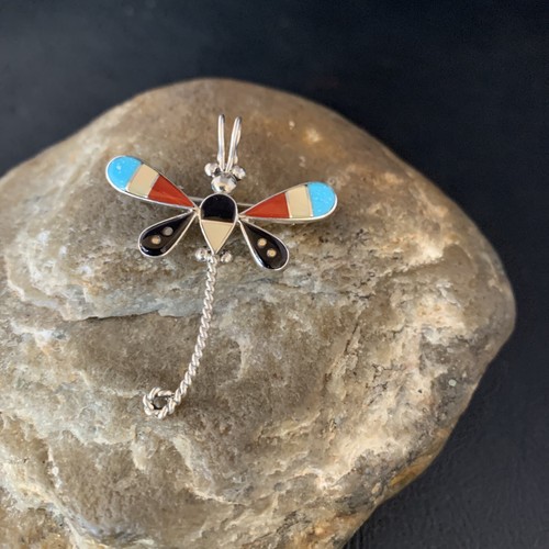 Turquoise Mother Of Pearl Zuni Sterling Silver Dragonfly Inlay Pin Pendant 12321 - Picture 2 of 12