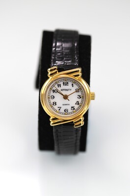 Affinity Damen Armbanduhr Gold Edelstahl WR Schwarzes Lederband Quarz Weiß