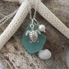 Handmade in Hawaii, Aqua sea glass beach glass necklace,Sea turtle charm, Fresh
