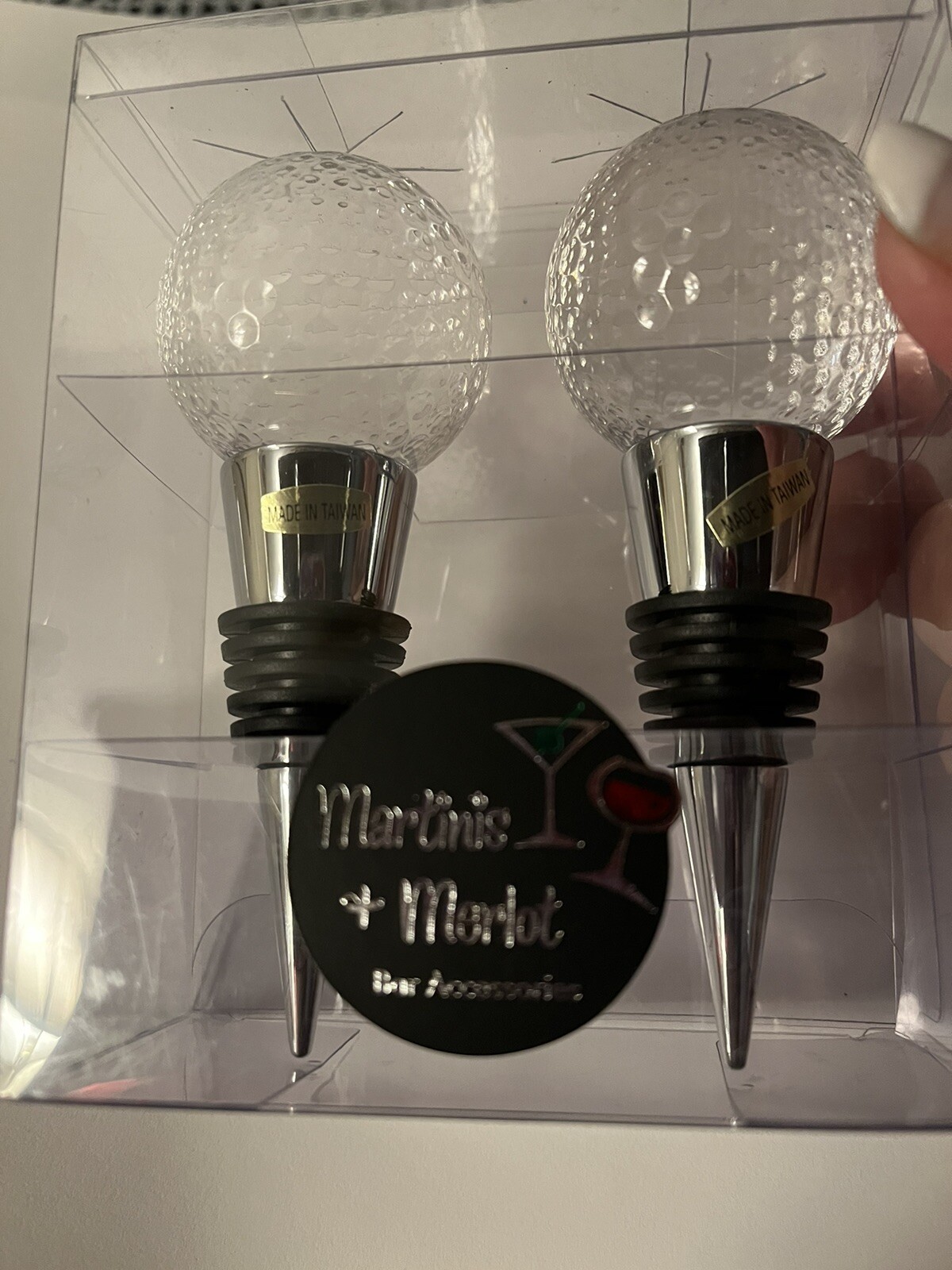 Pair of Crystal Wine Cork Screw Stopper By Martinis & Merlot. Old Ball