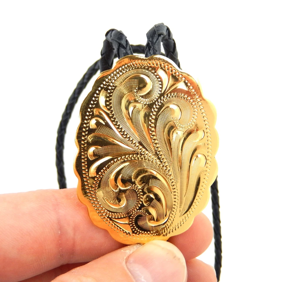 Corbata bolo ovalada floral grabada chapada en oro amarillo 36 pulgadas cordón negro hecha en EE. UU. Foto 4 de 4