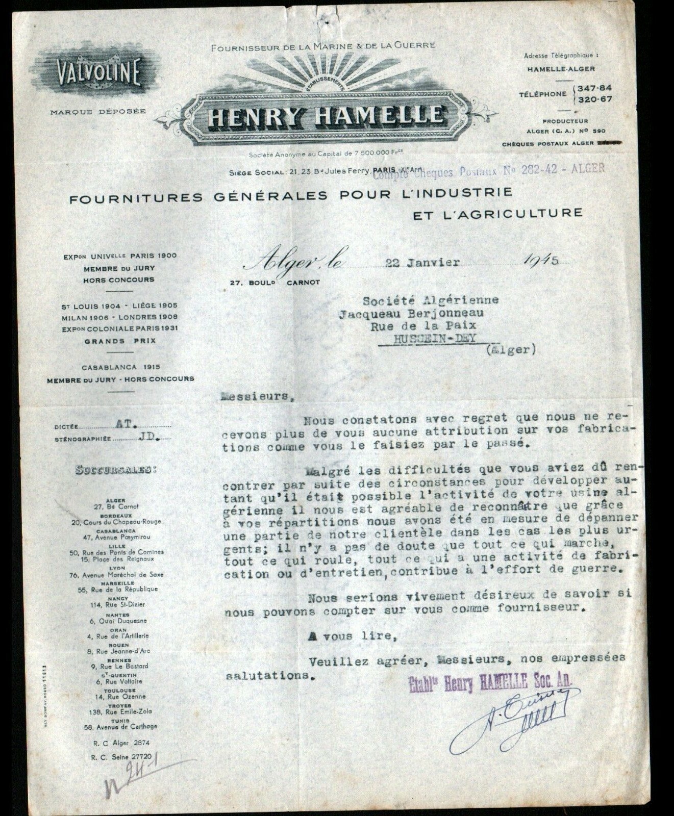 Image 1 - Alger (Algeria) farm supplies/valvoline &amp;#034;henry hamelle&amp;#034; in 1945