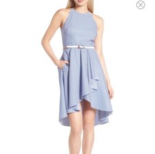 NEW Eliza J. Women Blue White Striped High Low Summer Dress Size 10 Ruffle Belt