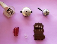Miniature Dollhouse Kitchen Accessory Lot mixer, pans, spoon rack, pitcher