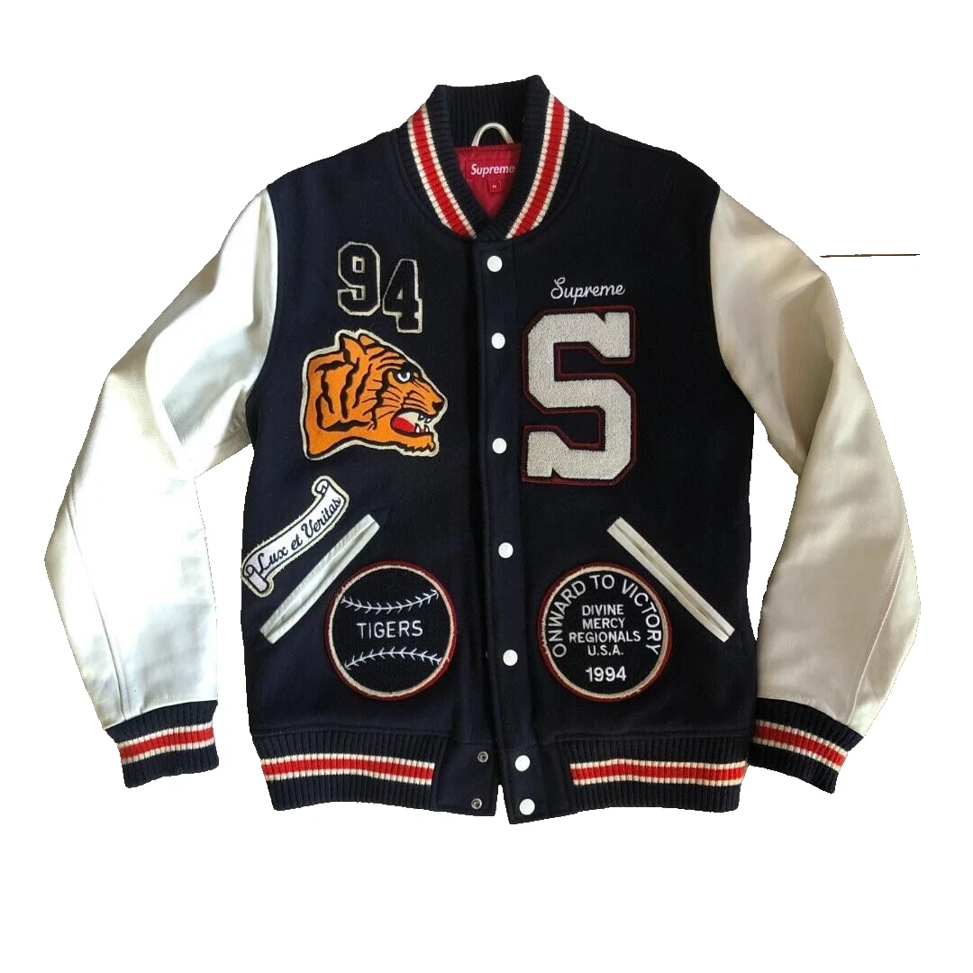Veste Supreme 09 Tiger Varsity manches cuir taille M bleu marine cadeau vintage
