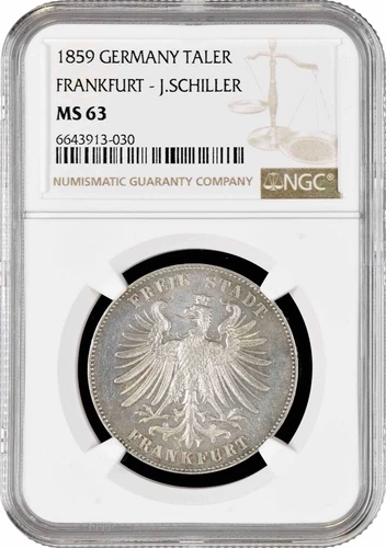 Frankfurt 1 thaler 1859, NGC MS63, "100th Anniv. - Birth of Friedrich Schiller"