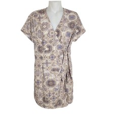 Olivaceous Womens Wrap Dress Size Large Paisley Print Mini Short Sleeve Tan Blue