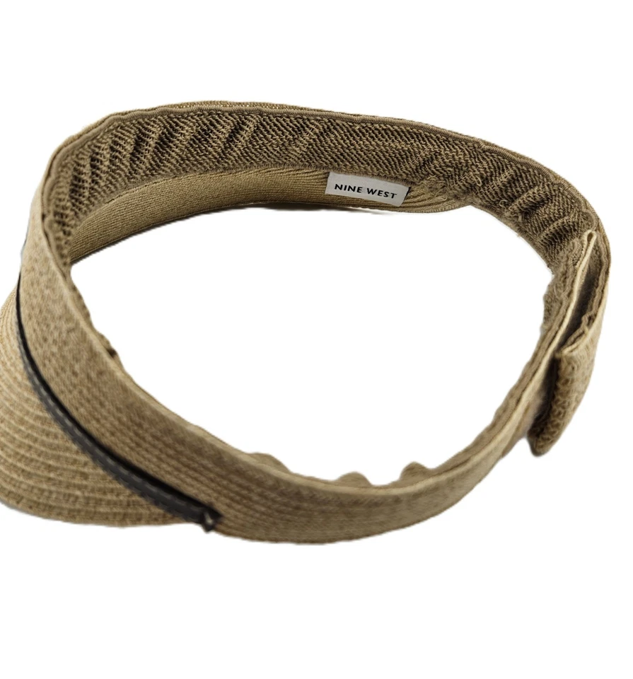 Nine West Straw Visor Hat Adjustable Brown Faux Leather Beach Sun Hat - Image 4 of 4