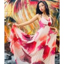 Watercolor Pleated Babydoll Maxi Dress Small ASO Fairy Boho Open Back Chiffon