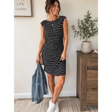 Loft Striped Ruched Sheath Dress Black White Tencel Rayon Size S Cap Sleeve