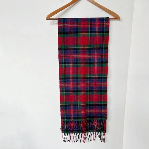 James Pringle 100% Lambswool Scarf Red Blue Plaid Tartan Rectangle 14" x 59"
