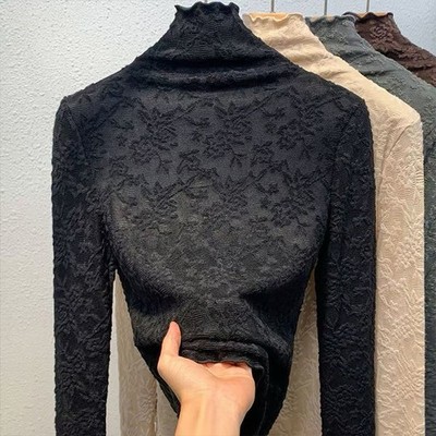 Velvet Thickened Lace Jacquard Base Shirt Women Winter Warm Inner High Neck Top