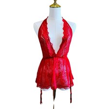 NWT Victoria's Secret Red Lace Plunge Babydoll Garter Lingerie Women Small VNeck