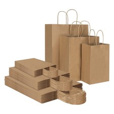90 Pack Plain Brown Kraft Paper Bags with Handles Bulk, Assorted Sizes Gift Bags